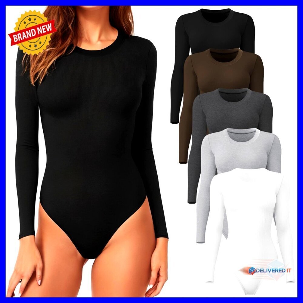Long Sleeve Bodysuit Crew Neck Stretchy Basic Tops Versatile Minimal Chic